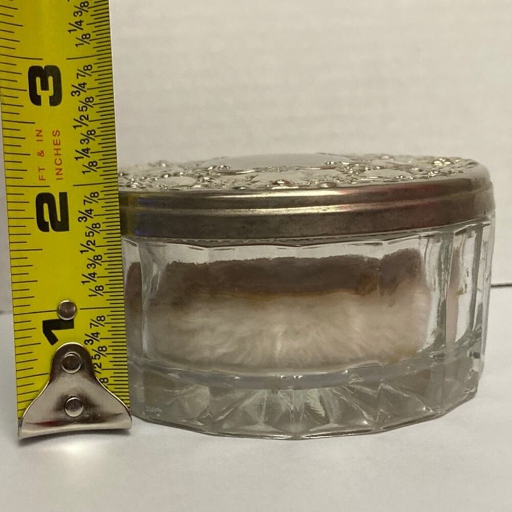 Vintage Pressed Powder Box Jar With Ornate Silverplate Lid- with puff Victorian - Picture 9 of 11